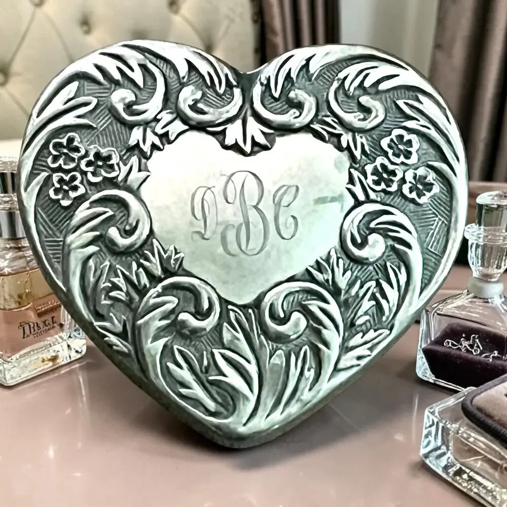 Vintage Silver Plated Heart Trinket Box Glass Mirrored Jewelry Box Monogram DBC